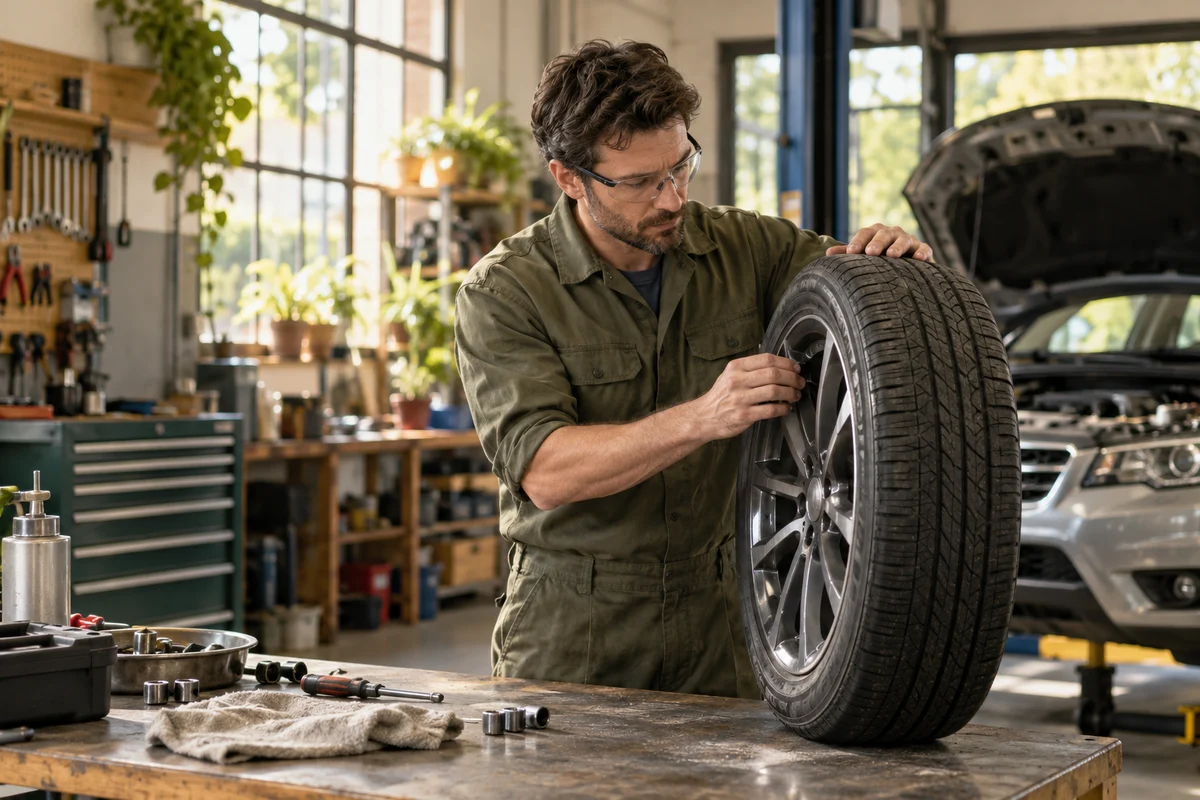 An auto mechanic inspecting a wheel at a tidy independent repair shop