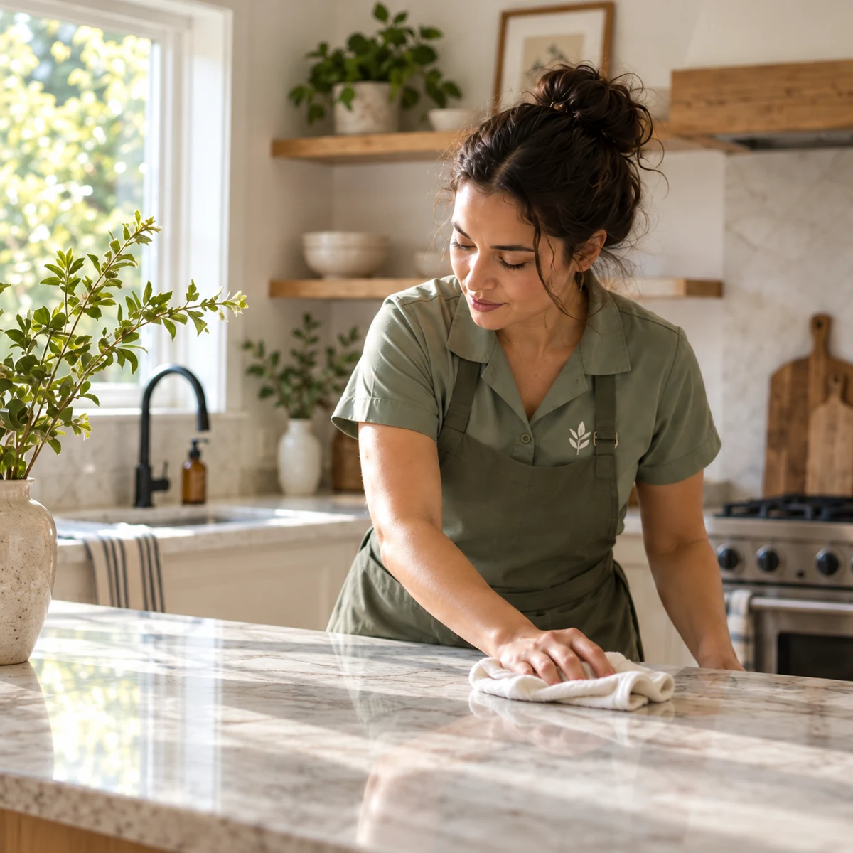A cleaning professional finishing a kitchen countertop in warm afternoon light