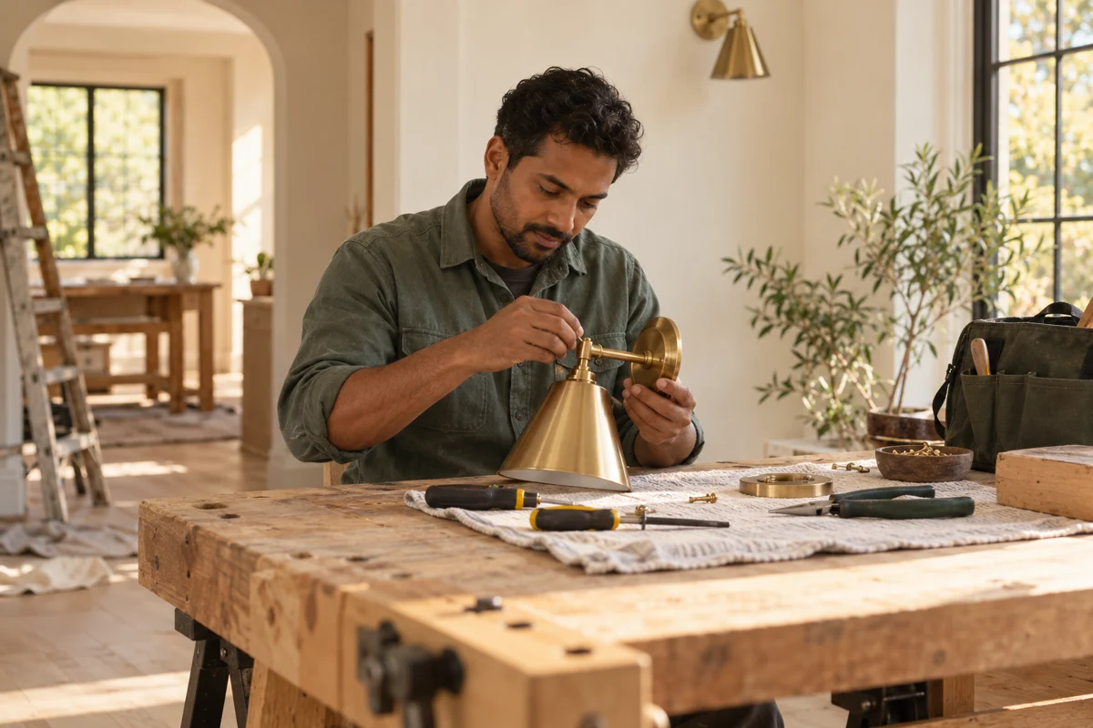 An electrical professional preparing a detached light fixture at a workbench