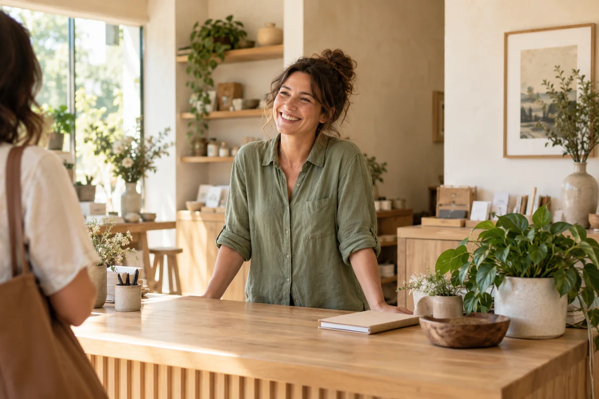 A small-business owner warmly welcoming a customer at a sunlit reception counter