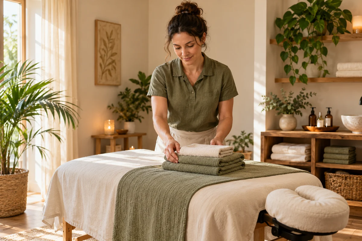 A massage therapist preparing towels in a calm professional treatment room