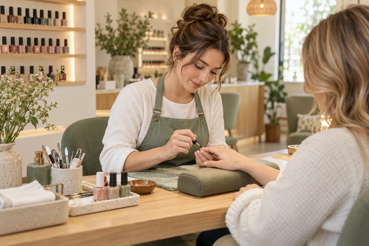 A nail technician working with a client at a sunlit manicure table