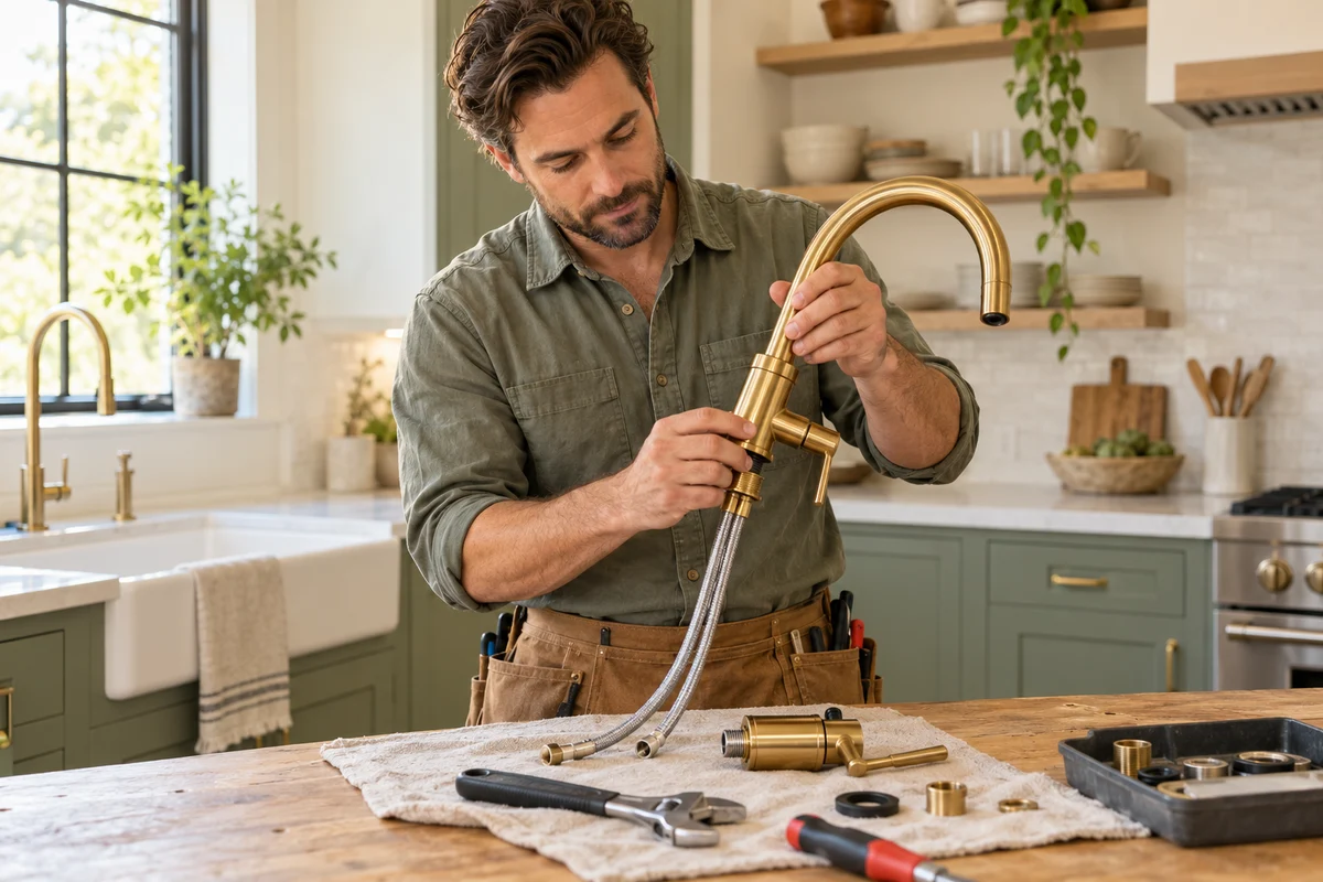 A plumber preparing a faucet in a bright residential kitchen