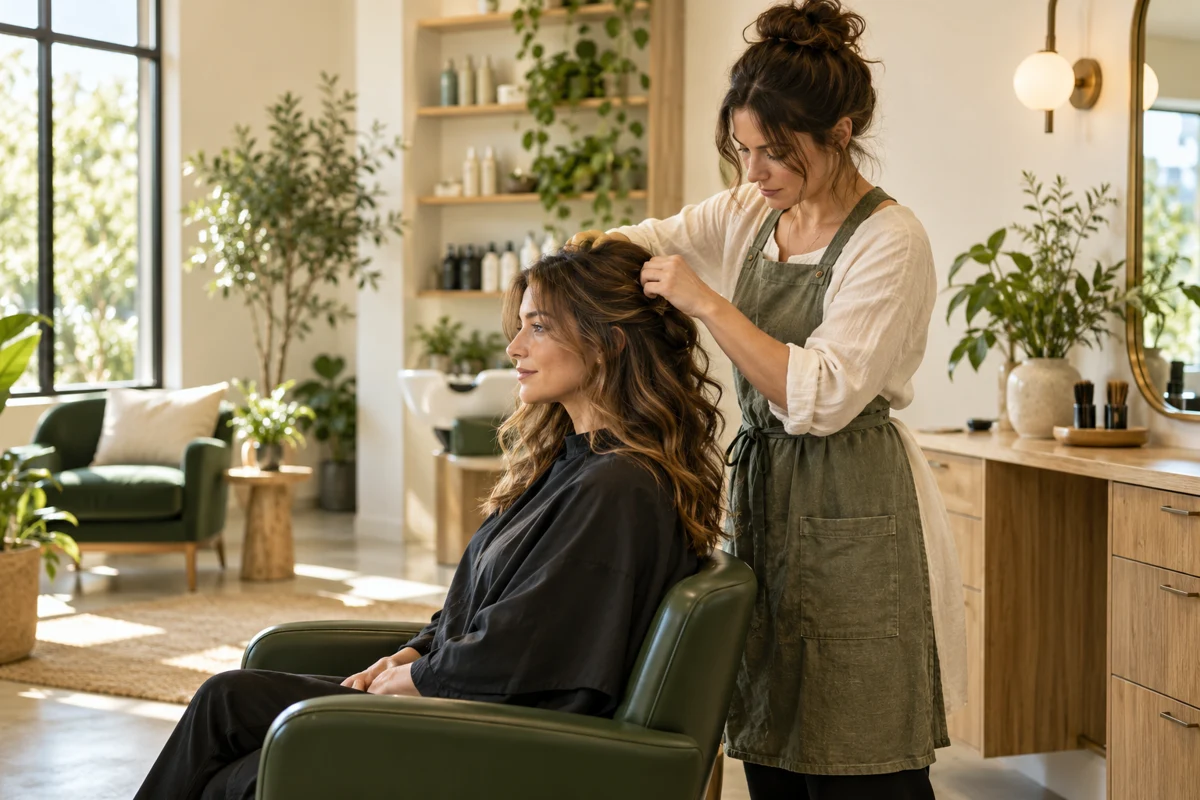 A stylist focusing on a client's hair in a sunlit neighborhood salon